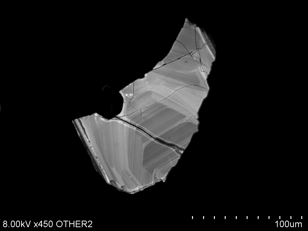 Cathodoluminescence image of a detrital zircon fragment.